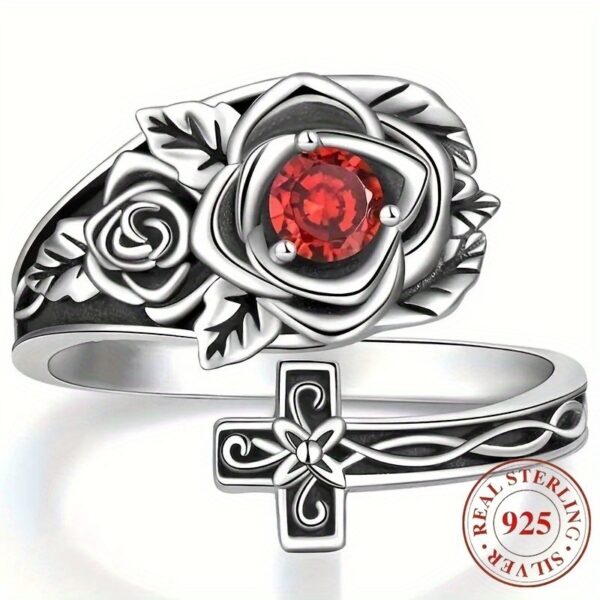 1 Luxury Adjustable 925 Silver Bracelet Ring - Allergy-proof, Comfortable For Everyday Wear, The Perfect Gift For Her - Red Cubic Zirconia Rose Embellishing, Nickel Free, Rugged - Image 2