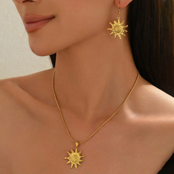 Lxalry 18K Gold Plated Sun Mirror Jewelry Set  Hypoallergenic Skin Safe Necklace   Drop Earrings For Daily Evening  Never Fade Adjustable Luxury Gift With Precision Cast Rays - Image 5