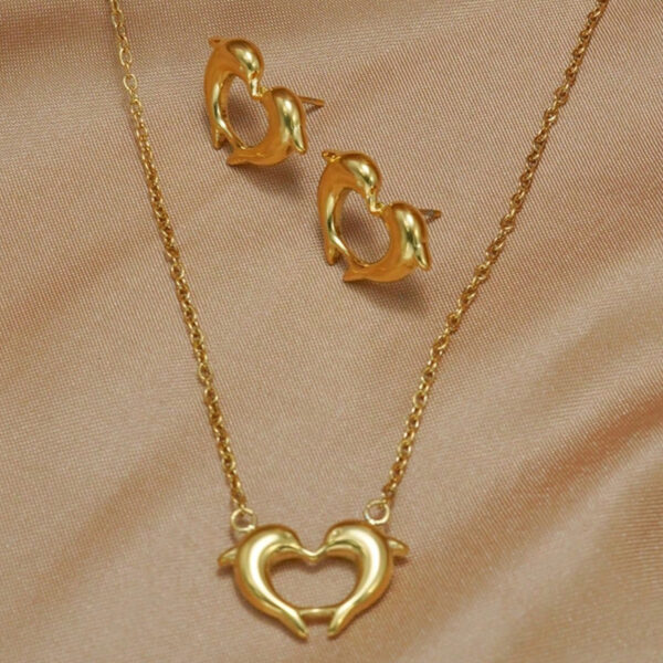 Lxalry 18K Gold Plated Heart Dolphins Mirror Jewelry Set  Hypoallergenic Skin Safe Necklace   Stud Earrings For Couple S Gift Daily Wear  Never Fade Adjustable Luxury With Precision Cast Symmetry - Image 5