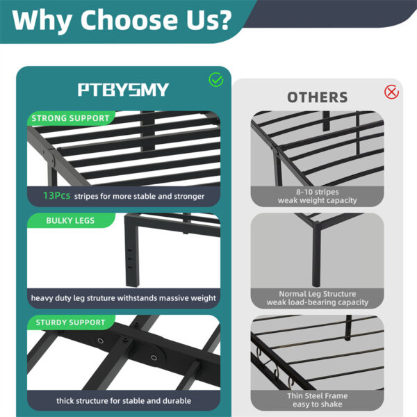 Classic Iron Bed Frame Mattress Under Bed Storage No Box Spring Needed Singe Full Queen King Size Black - Image 2