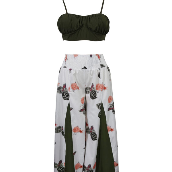 Women's New Solid Color Sexy Top Fashionable Flower Print Contrasting Pants Vacation Two-piece Pants Set - Image 2