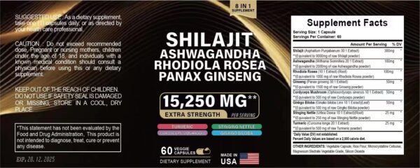 Shilajit Pure Himalayan 9000MG, Energy Booster Ashwagandha 2000MG, Rhodiola Rosea 999MG, Panax Ginseng 1500MG, Turmeric 500MG, Ginkgo Biloba 500MG, Stinging Nettle 250MG Cordyceps Mushroom 500 - Image 4