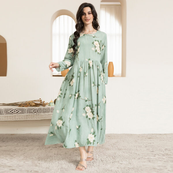 Casual Round Neck Printing Floral Wrinkle Splicing Regular Sleeve Long Dresses - Image 5