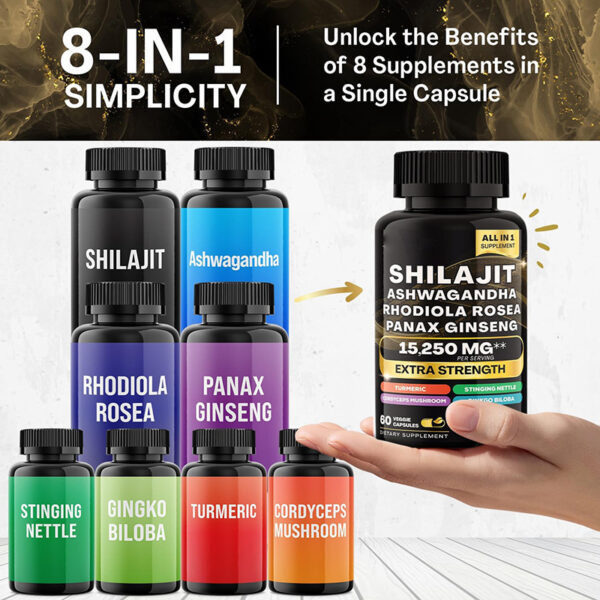 Shilajit Pure Himalayan 9000MG, Energy Booster Ashwagandha 2000MG, Rhodiola Rosea 999MG, Panax Ginseng 1500MG, Turmeric 500MG, Ginkgo Biloba 500MG, Stinging Nettle 250MG Cordyceps Mushroom 500 - Image 8