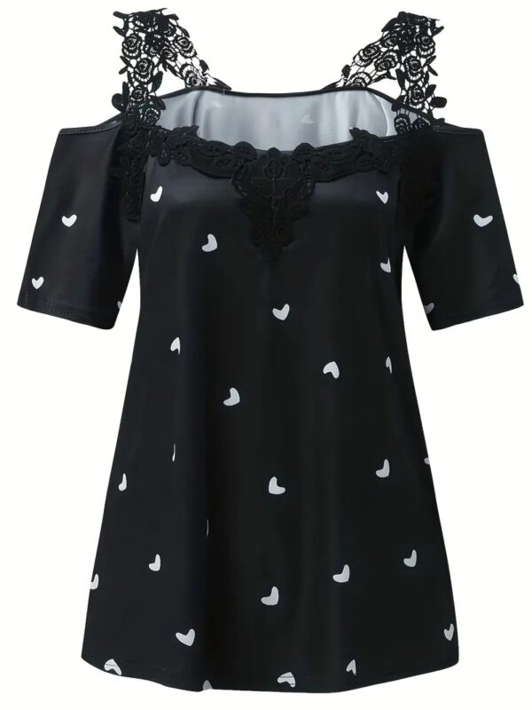 New Summer Short-sleeved Lace Heart Print T-shirt Women's Top - Image 3