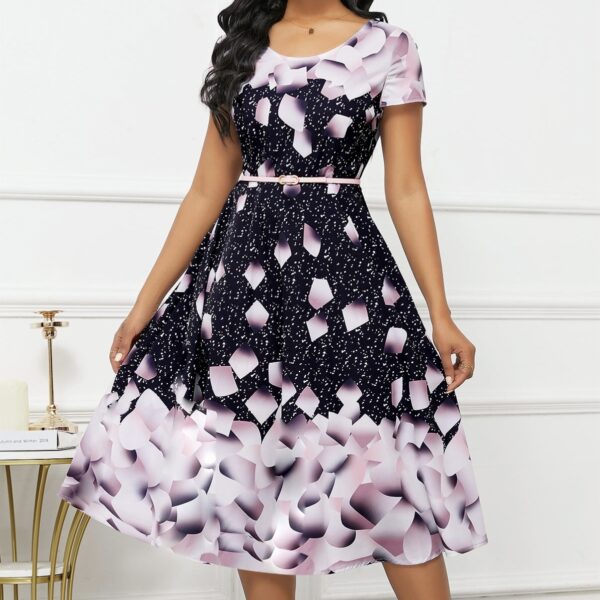 Ladies' Elegant Starry Petal Pink Round Neck Dress - Image 4