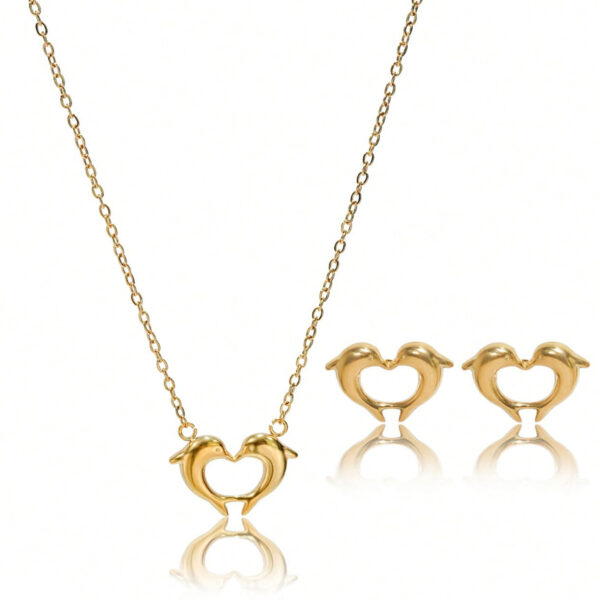 Lxalry 18K Gold Plated Heart Dolphins Mirror Jewelry Set  Hypoallergenic Skin Safe Necklace   Stud Earrings For Couple S Gift Daily Wear  Never Fade Adjustable Luxury With Precision Cast Symmetry