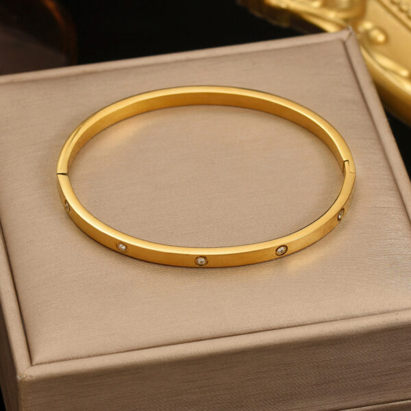 Lxalry 18K Gold Plated Stainless Steel Minimalist Bracelet Hypoallergenic Circle Rhinestone Jewelry  Secure Inlay Tarnish Free Design Skin Safe Luxury Gift For Her Golden Hour Glow, Everyday Wear A - Image 3