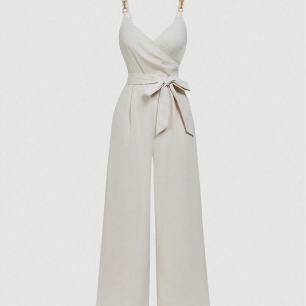 Ladies' Solid Color Elegant Fashion V-neck Strap Buckle Shoulder Strap Design Strap Jumpsuit - Image 2