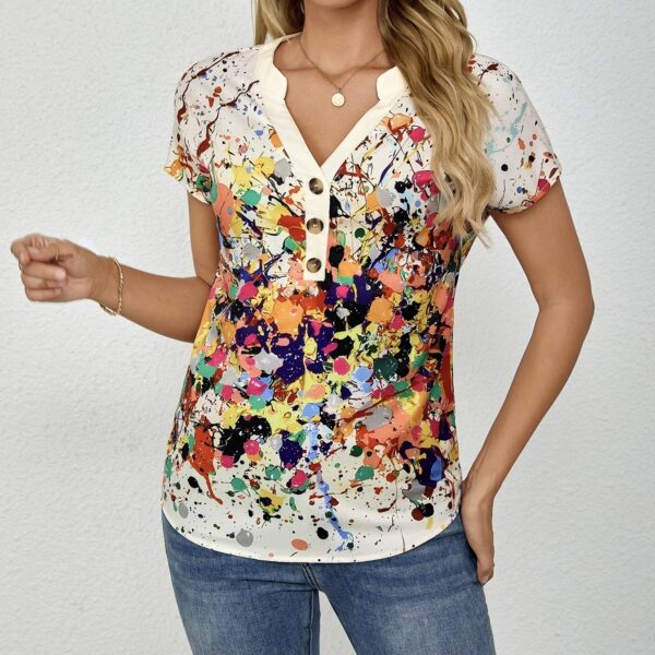 Ladies' Contrasting Color Artistic Casual Style Button V-neck T-shirt Top - Image 5