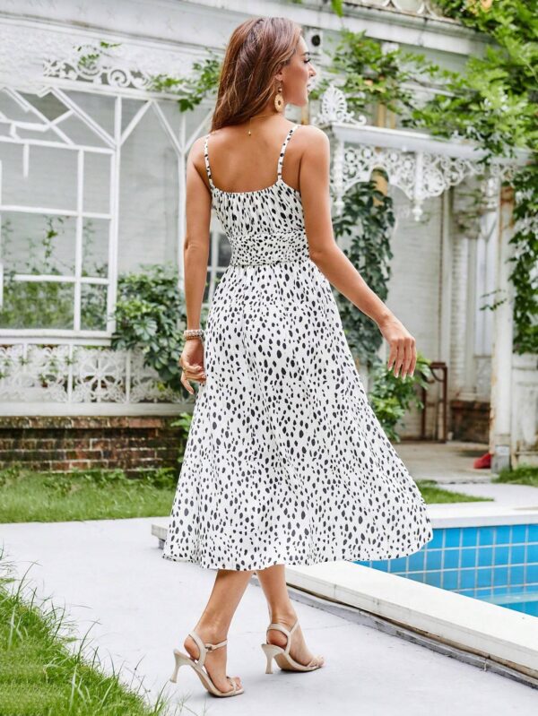 Women's Summer Dress With Gathered High Waist, Front Tie Belt, Dotted Pattern And Thin Straps - Image 3