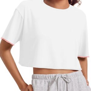 Womens Crop Tops Casual Short Sleeve Crewneck Loose Fit Basic Summer Workout Running T Shirts