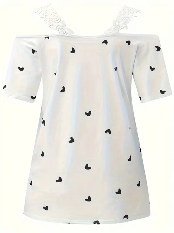 New Summer Short-sleeved Lace Heart Print T-shirt Women's Top - Image 3