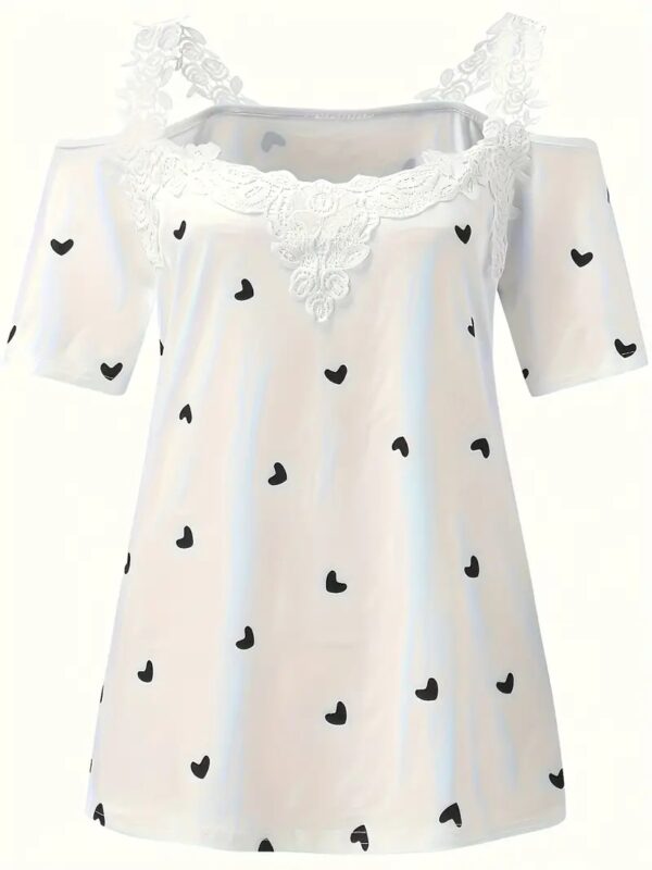 New Summer Short-sleeved Lace Heart Print T-shirt Women's Top - Image 2