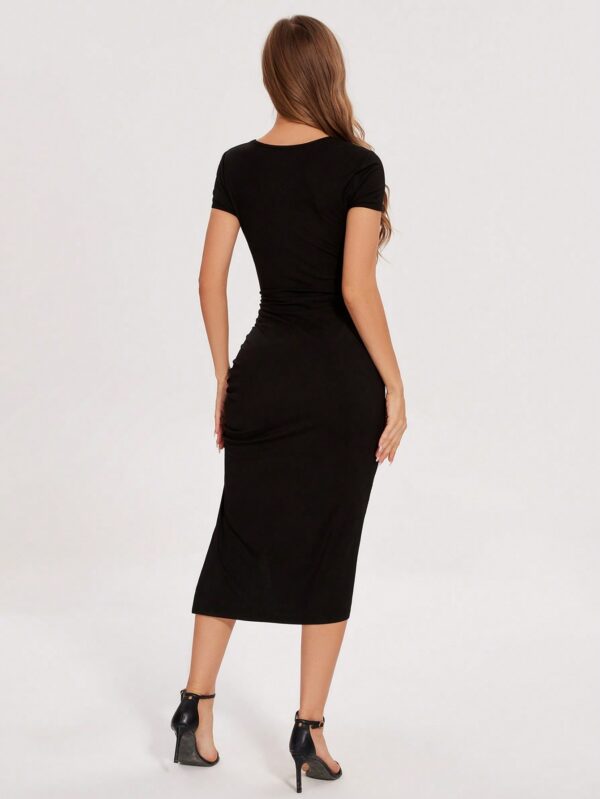 Women's Solid Color Round Neck Hollow Split To Thigh Drawstring Summer Sexy Short Sleeve Dress - Image 4