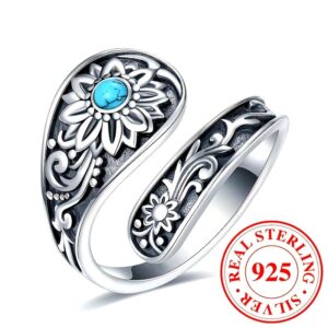 925 Silver Spoon Ring - Exquisitely Carved With Sunflowers, Embellished With Inlaid Turquoise. It Is An Eternal Wedding Jewelry, A Highlight Of Daily Outfits. With Superior Quality And Reusable Featur