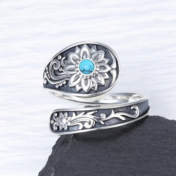 925 Silver Spoon Ring - Exquisitely Carved With Sunflowers, Embellished With Inlaid Turquoise. It Is An Eternal Wedding Jewelry, A Highlight Of Daily Outfits. With Superior Quality And Reusable Featur - Image 2