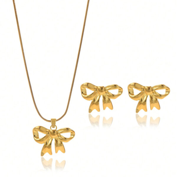 Lxalry 18K Gold Plated Bow Mirror Jewelry Set  Hypoallergenic Skin Safe Necklace   Earrings For Weddings Gifting, Never Fade Adjustable Luxury With Precision-Cast Ribbon