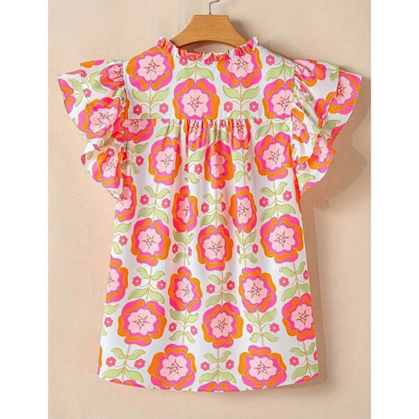 Women's V-Neck Floral Print Ruffle Sleeve Blouse, Casual Summer Short Sleeve Work Top - Image 7