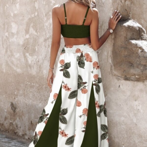 Women's New Solid Color Sexy Top Fashionable Flower Print Contrasting Pants Vacation Two-piece Pants Set - Image 5