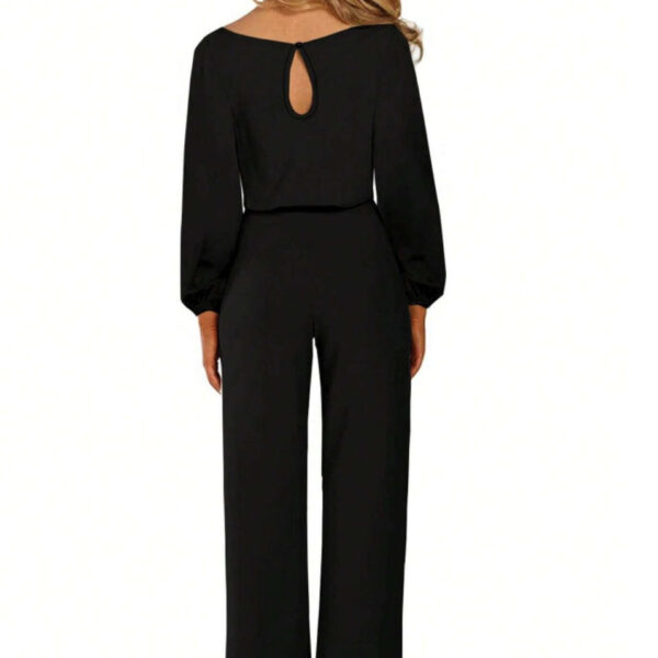 Women's Solid Color Long Sleeved Slim Fitting Jumpsuit With Strap Design - Image 2