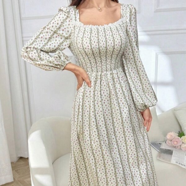 Ladies' Lantern Sleeve Pleated Lace Striped Floral Print Long Dress - Image 3