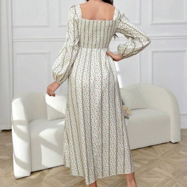 Ladies' Lantern Sleeve Pleated Lace Striped Floral Print Long Dress - Image 2