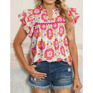 Women's V-Neck Floral Print Ruffle Sleeve Blouse, Casual Summer Short Sleeve Work Top