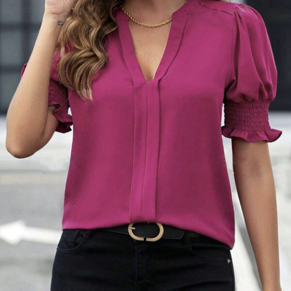 Ladies' Casual Style Lantern Sleeves V-neck Elegant And Fashionable Short Sleeved Shirt - Image 3