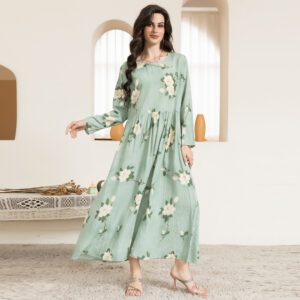 Casual Round Neck Printing Floral Wrinkle Splicing Regular Sleeve Long Dresses