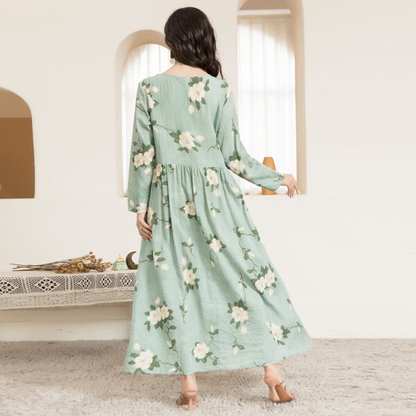 Casual Round Neck Printing Floral Wrinkle Splicing Regular Sleeve Long Dresses - Image 2