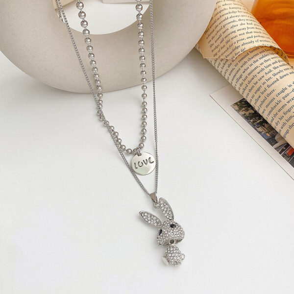 Double Decorative Titanium Steel Necklace Light Luxury Niche Long Diamond Rabbit Pendant Letter Necklace - Image 2