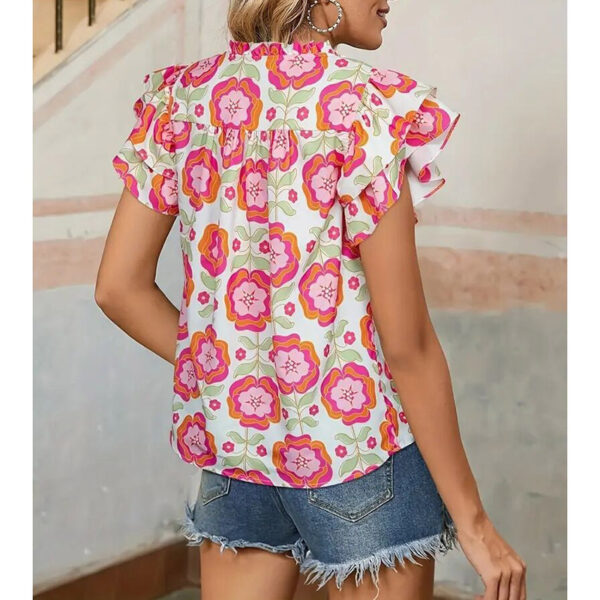Women's V-Neck Floral Print Ruffle Sleeve Blouse, Casual Summer Short Sleeve Work Top - Image 3