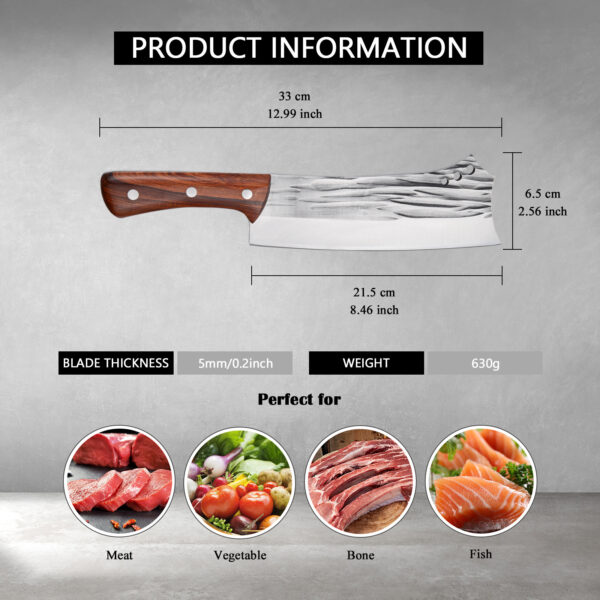 Kegani Meat Cleaver Knife - Heavy Duty Bone Chopper - 1.4 Lbs Butcher Knife Bone Knife - High Carbon Steel Butcher Knife For Meat Cutting, Bone Cutting - Image 3