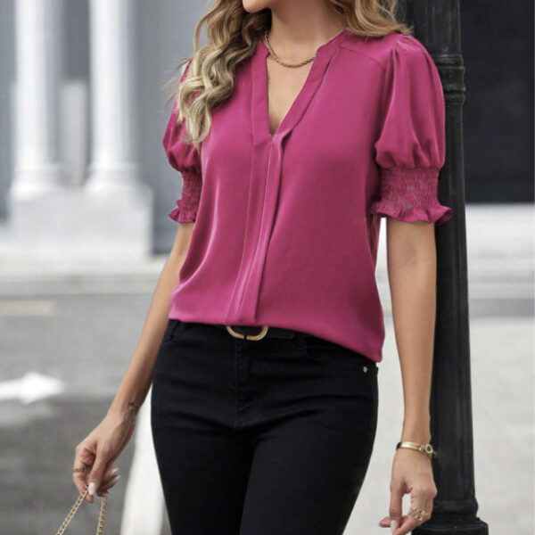 Ladies' Casual Style Lantern Sleeves V-neck Elegant And Fashionable Short Sleeved Shirt - Image 4