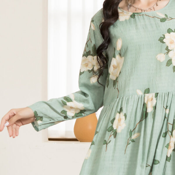 Casual Round Neck Printing Floral Wrinkle Splicing Regular Sleeve Long Dresses - Image 4