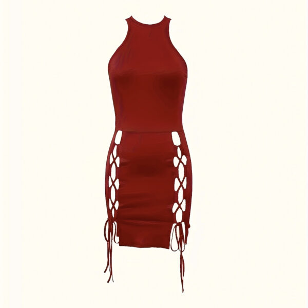 Ladies' Fashionable Solid Color Lace Up Sleeveless Hollow Out Dress - Image 2