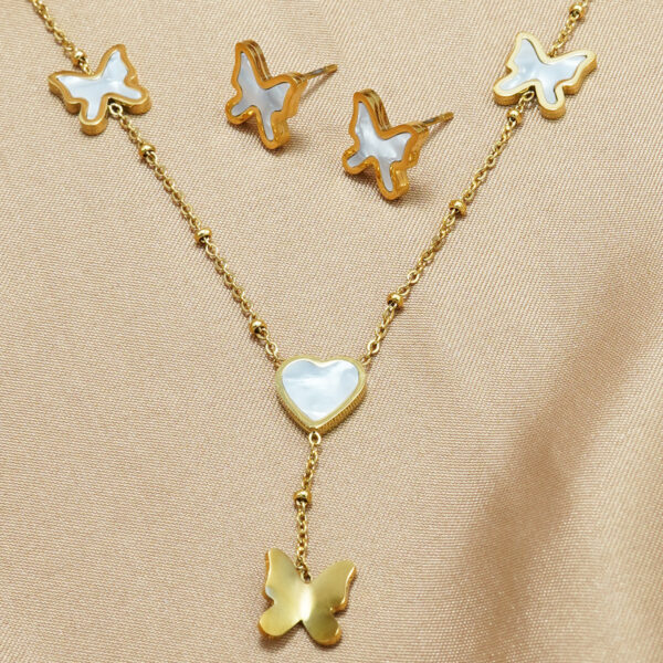 Lxalry 18K Gold Plated Stainless Steel Butterfly Jewelry Set  Hypoallergenic Tarnish Free Mirror Necklace   Earrings Symmetrical Wing Design With Heart Clasp, Skin Safe Luxury Gift For Her  Golden Ho - Image 4
