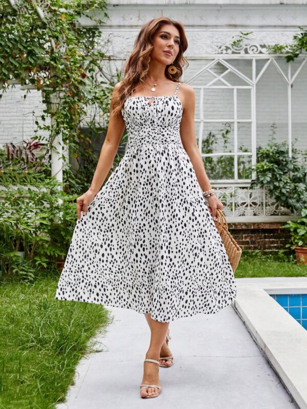 Women's Summer Dress With Gathered High Waist, Front Tie Belt, Dotted Pattern And Thin Straps - Image 2