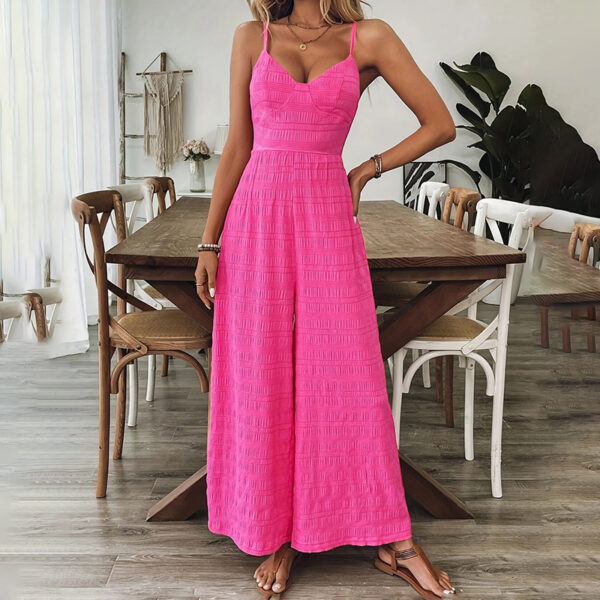 Women's Elegant Pink Sleeveless Jumpsuit With Back Bow V-Neck Palazzo Pants, Vintage Style Casual Beachwear For Spring & Summer - Image 6