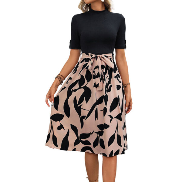 Printed AB Stitching Short Sleeve Lace-up A- Line Skirt - Image 2
