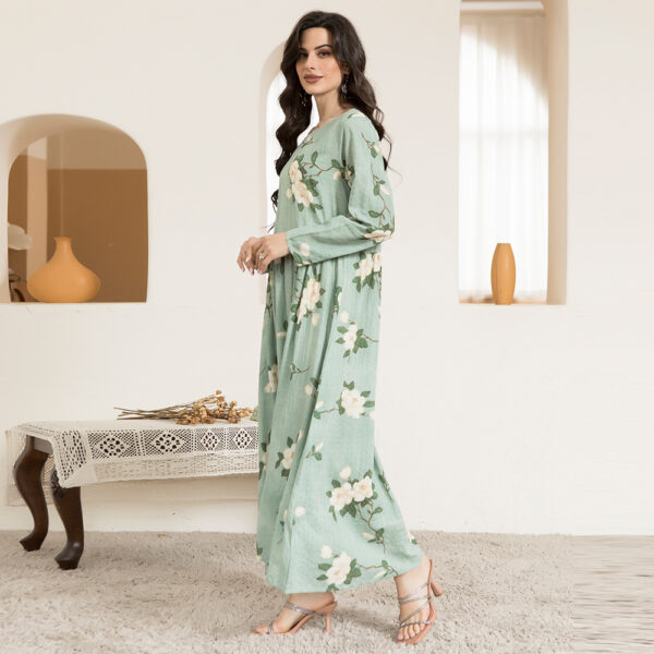 Casual Round Neck Printing Floral Wrinkle Splicing Regular Sleeve Long Dresses - Image 6