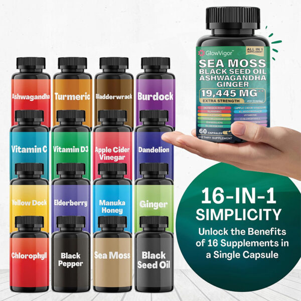 GlowVigor Sea Moss 7000mg Black Seed Oil 4000mg Ashwagandha 2000mg Turmeric 2000mg Bladderwrack 2000mg Burdock 2000mg & Ginger Vitamin C Vitamin D3 - Image 6