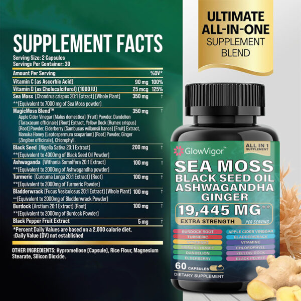 GlowVigor Sea Moss 7000mg Black Seed Oil 4000mg Ashwagandha 2000mg Turmeric 2000mg Bladderwrack 2000mg Burdock 2000mg & Ginger Vitamin C Vitamin D3 - Image 5
