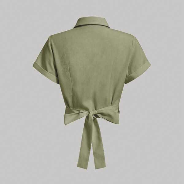 Ladies' Fashionable And Elegant Short Sleeved Lapel Waist Cross Strap Design Solid Color Shirt - Image 3