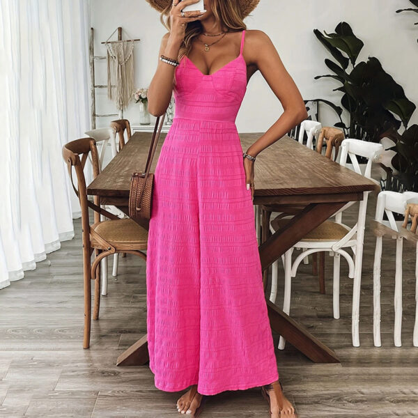 Women's Elegant Pink Sleeveless Jumpsuit With Back Bow V-Neck Palazzo Pants, Vintage Style Casual Beachwear For Spring & Summer - Image 3