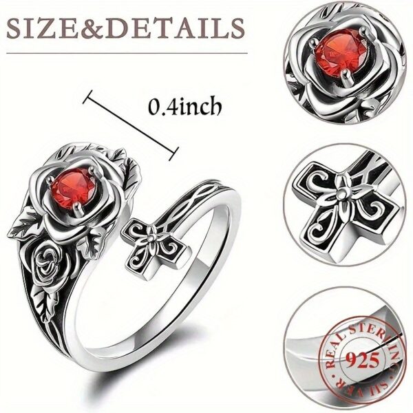 1 Luxury Adjustable 925 Silver Bracelet Ring - Allergy-proof, Comfortable For Everyday Wear, The Perfect Gift For Her - Red Cubic Zirconia Rose Embellishing, Nickel Free, Rugged - Image 4