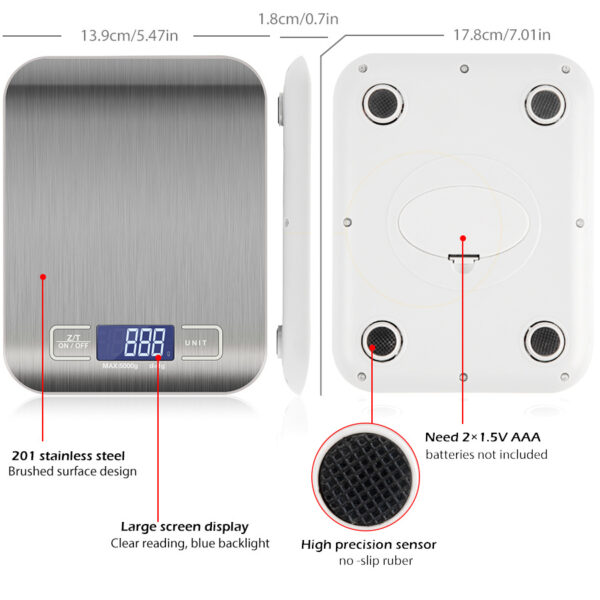 Digital Electronic Kitchen Food Diet Postal Scale Weight Balance 5KG 1g 11lb Kitchen Scales Stainless Steel Weighing For Food Diet Postal Balance Measuring LCD Precision Electronic - Image 7