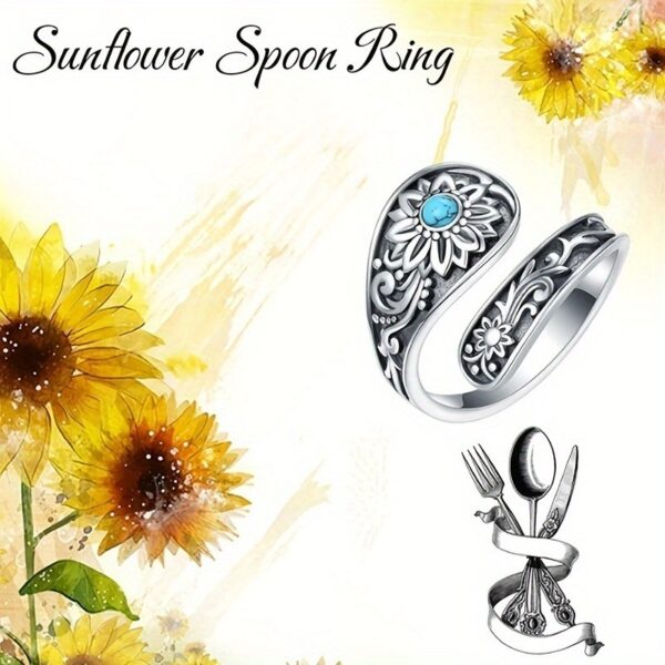 925 Silver Spoon Ring - Exquisitely Carved With Sunflowers, Embellished With Inlaid Turquoise. It Is An Eternal Wedding Jewelry, A Highlight Of Daily Outfits. With Superior Quality And Reusable Featur - Image 3