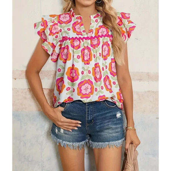 Women's V-Neck Floral Print Ruffle Sleeve Blouse, Casual Summer Short Sleeve Work Top - Image 2